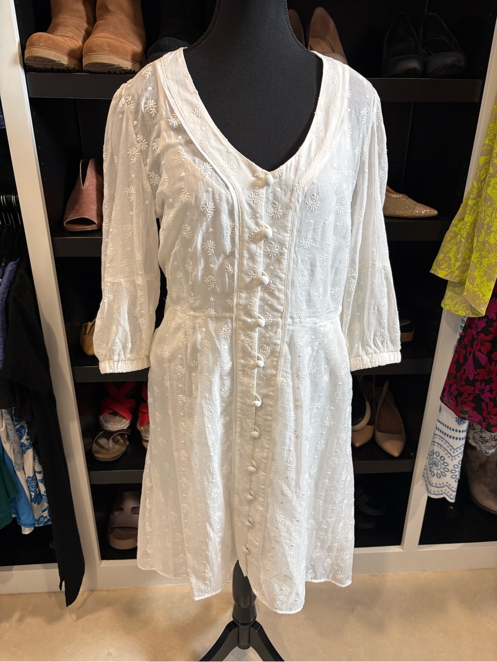 CAbi White Embroidered Lightweight 3/4-Sleeve Button-Front Dress